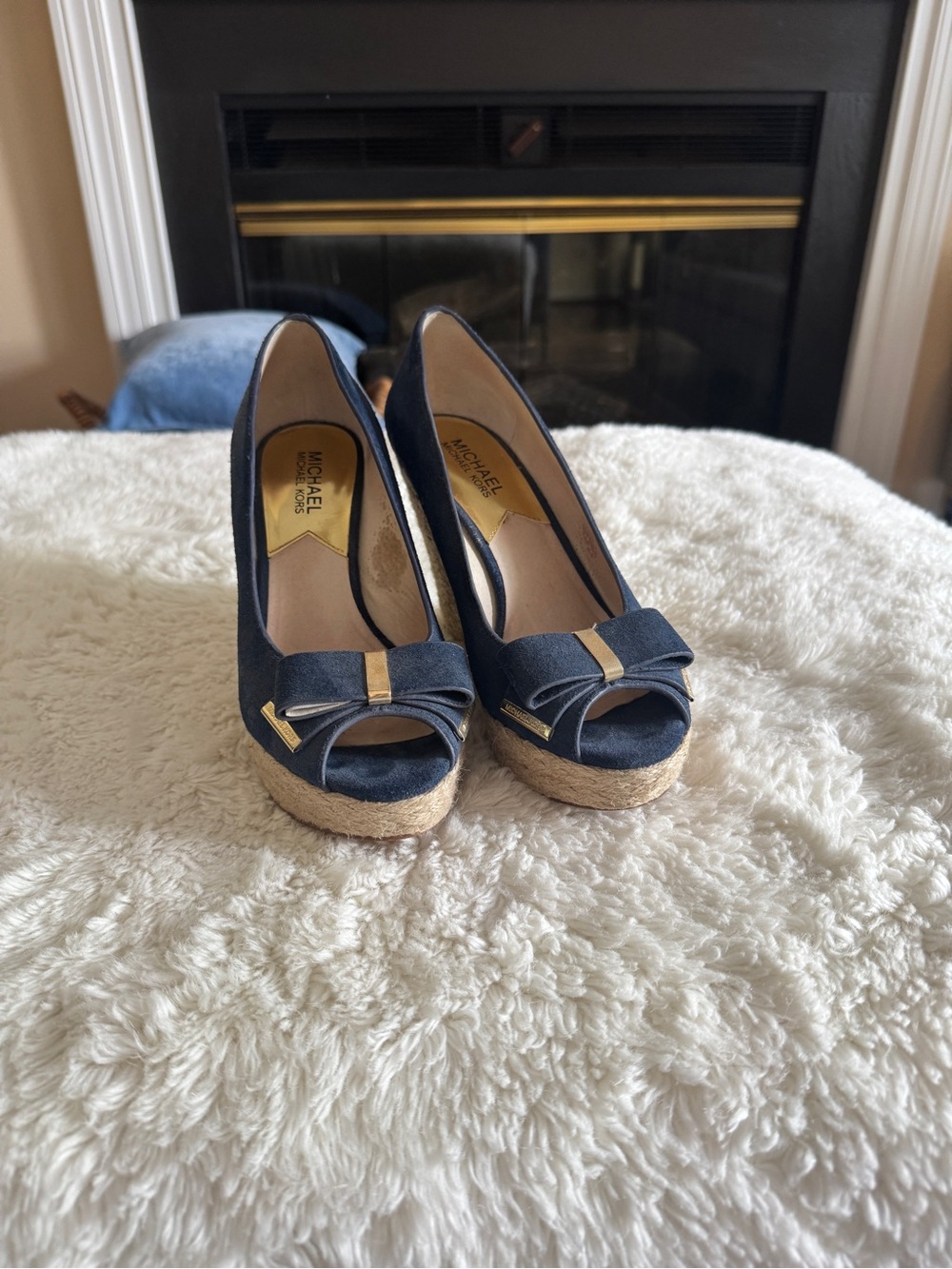 Michael Kors Navy Espadrille Peep-Toe Wedge with Bow and Gold Accents